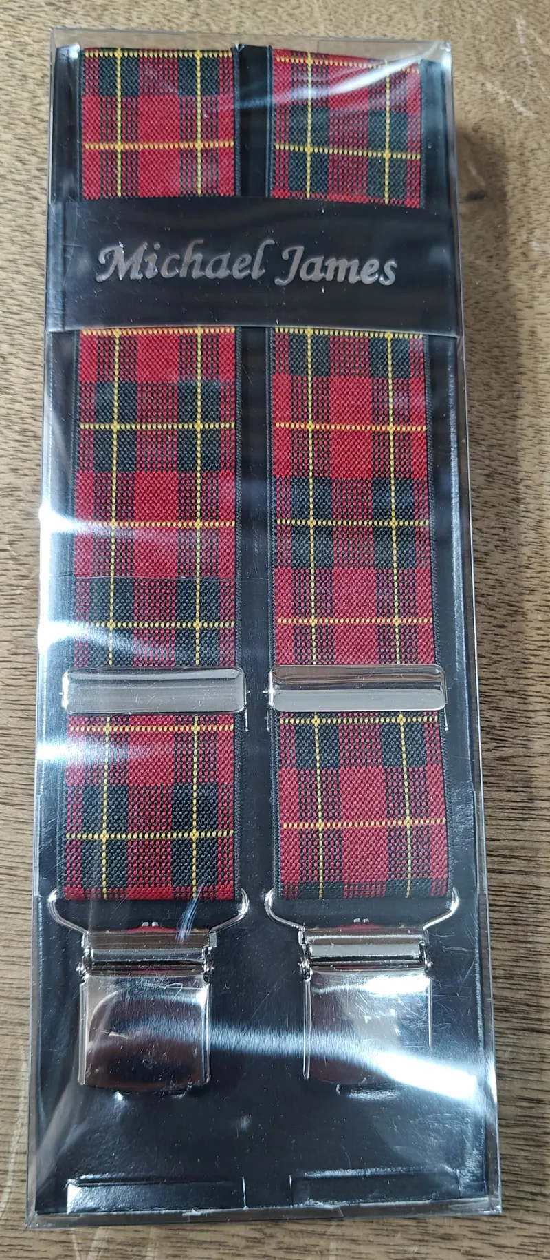 Michael James Braces Wide Clip Bright Red Tartan