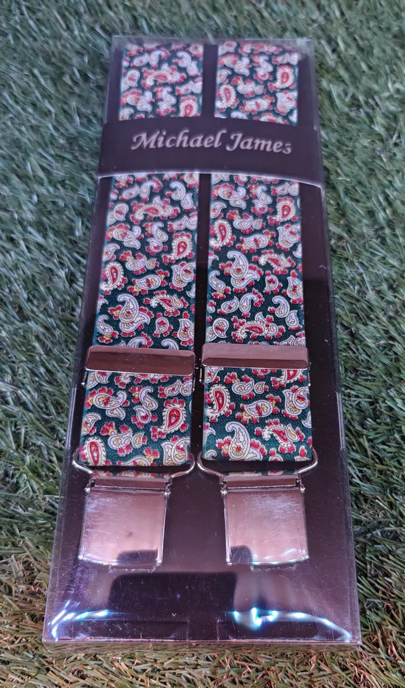  Michael James Braces Wide Clip Green Paisley