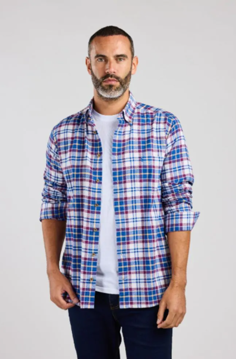 Double Two Button Down Check Shirt Wine 